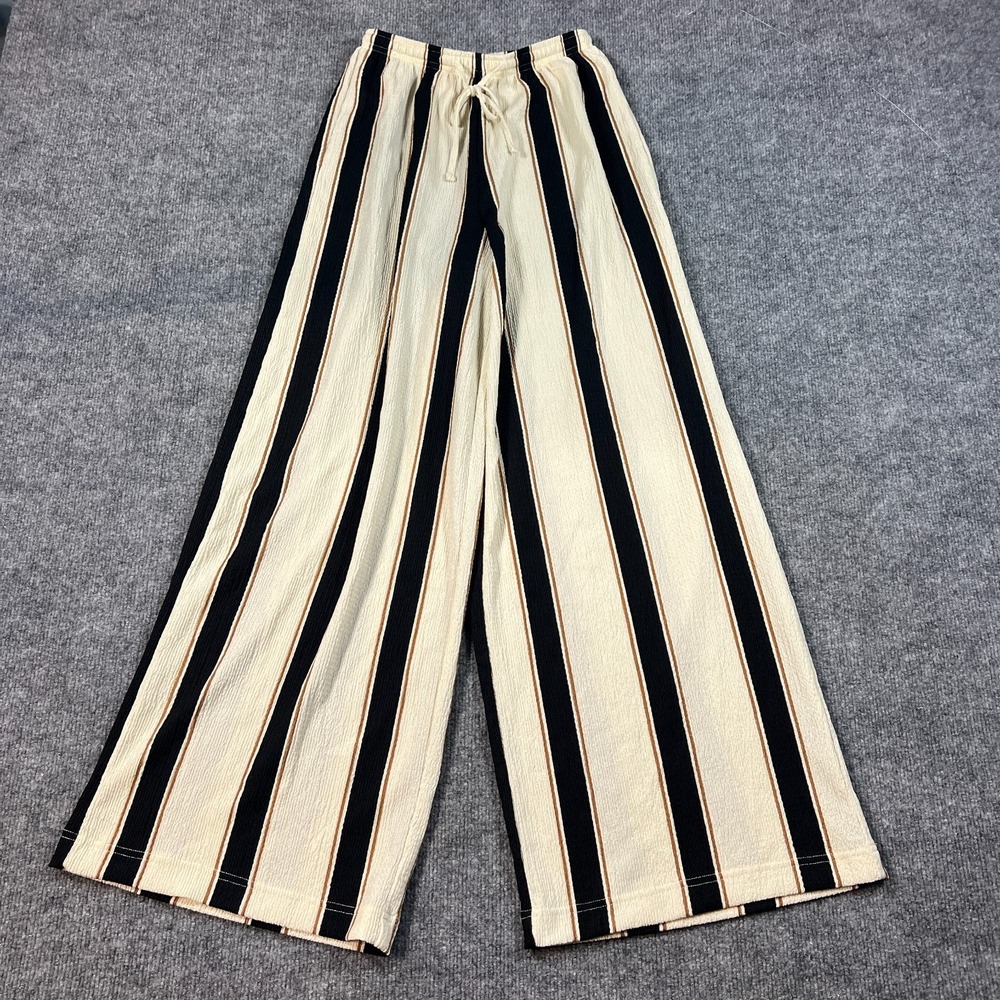 H&M Ankle Pants Women XS Cream Black Striped Stretch Drawstring Pull On Wide Leg